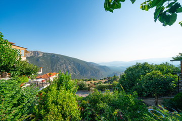 View from famous town of Delphi down to coastal city of Itea