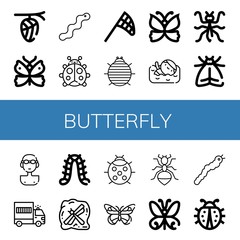 Set of butterfly icons such as Cocoon, Butterfly, Worm, Ladybug, Butterfly net, Woodlouse, Swimmer, Mantis, Moth, Prisoner transport vehicle, Caterpillar, Insect, Ant ,