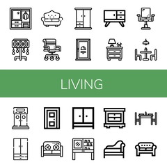 Set of living icons such as Wardrobe, Floor lamp, Sofa, Chair, Door, Furniture, Nightstand, Dining table, Entrance, Dressing table, Closet, Divan, Dinning table , living
