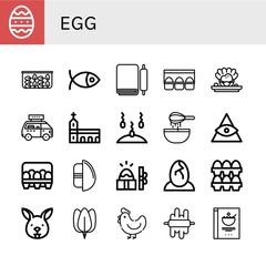 Set of egg icons such as Easter egg, Spinach, Christianity, Dough, Egg carton, Shellfish, Fast food, Monastery, Sperm, God, Eggs, Chocolate Easter, Bunny, Hen, Cereals ,