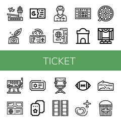 Set of ticket icons such as Airport, Inkwell, Tickets, Boarding pass, Flight attendant, Passport, Lotto, Ticket office, Film, Theater, Raffle, d movie, Ticket, Director chair ,