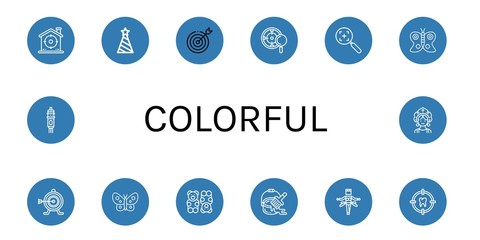 Set of colorful icons such as Target, Party hat, Butterfly, Gummy bear, Paint bucket, Samba, Cartridge, Kokoshnik , colorful