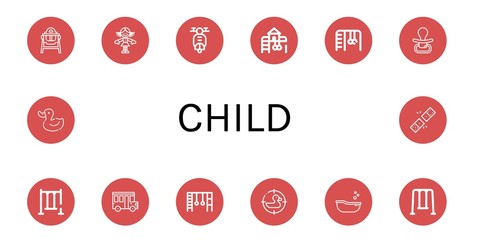 Set of child icons such as Feeding chair, Doll, Scooter, Playground, Monkey bars, Pacifier, Swing, School bus, Duck, Baby tub, Dominoes , child