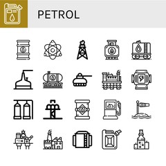 Set of petrol icons such as Oil, Oil barrel, Atomic energy, Pumpjack, Tank, Storage tank, Oil train, rig, Generator, Drop tower, tank, Fuel station, Wind socket , petrol