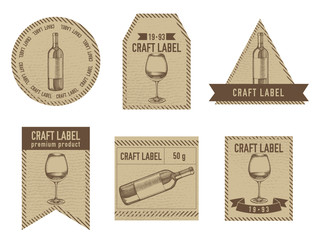 Craft labels vintage design with illustration of bottle of wine, glass of wine