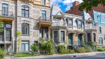 Montreal, typical victorian house with exterior staircase in the Plateau Mont-Royal district in...
