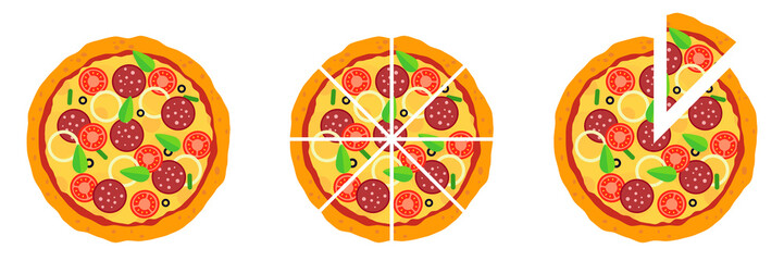 Whole and chopped pizza icon. Vector collection on white background. - obrazy, fototapety, plakaty