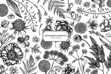 Floral design with black and white shepherd's purse, heather, fern, wild garlic, clover, globethistle, gentiana, astilbe, craspedia, lagurus, black caraway, chamomile, dandelion, poppy flower, lily of