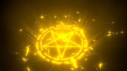 summon circle with pentagram on center. runic words for calling demons. glowing details in dark. 3d illustration