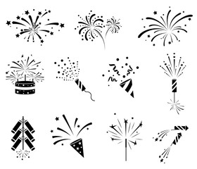 Firework  icon set. Firecracker, petard and stars. Happy New year, Holiday and party firework icons collection. Black silhouette isolated on white background. Vector illustration - 298726988