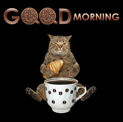 The cat with a croissant is sitting near the big cup of black coffee. Good morning.  Black background. Isolated.