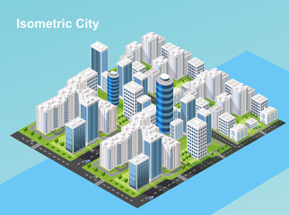 Isometric urban megalopolis top view of the city infrastructure town, street, houses, architecture 3d elements different buildings