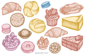 Vector set of hand drawn pastel macaron, buns and bread, croissants and bread, cheesecake, eclair, cupcake, cake, donut, cookie, truffle, cake, tartlet
