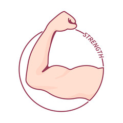 Strong bodybuilder flexing muscular arm. Human body circle badge icon. Sport achievements and fitness concept. Vector illustration in linear style.
