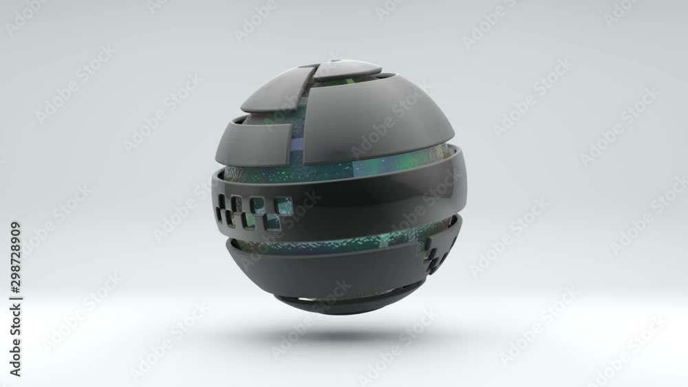 Poster 3d animation of a metal sphere with segments with a transparent liquid ball in the center. segments 