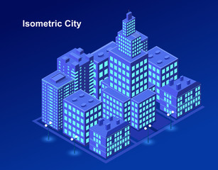 Isometric urban megalopolis top view of the city infrastructure town, street, houses, architecture 3d elements different buildings