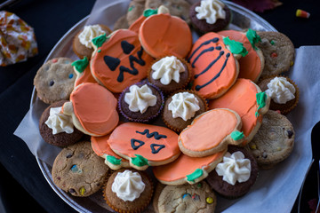 Halloween Pumpkin Cookies and Cupcakes on Platter