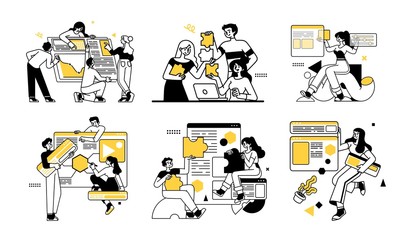 Workflow management business concept illustrations. Collection of scenes at office with men and women taking part in business activity. Outline vector style.