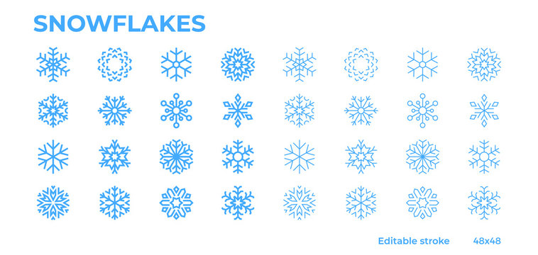Vector snowflakes icons for winter, Christmas and New Year decoration. Editable stroke.