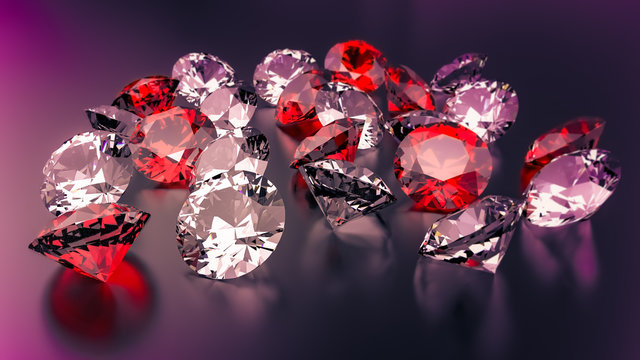 Diamonds and rubies on a black background.	