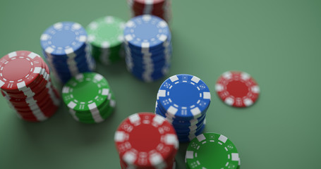 Casino chips over green cloth. Closeup shot. 3D render