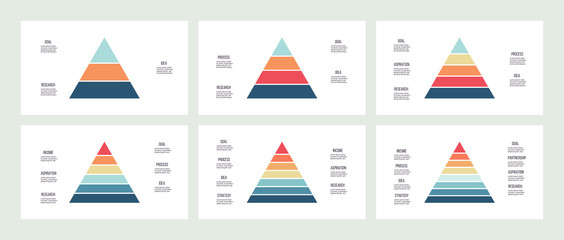 Business infographics. Pyramid charts with 3, 4, 5, 6, 7, 8 steps, options, layers, levels. Vector diagrams. - obrazy, fototapety, plakaty