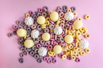 A delicious pile of sweets marshmallows cereal and meringue