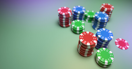 Casino chips over green cloth. Closeup shot. 3D render