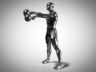3d rendered medically accurate illustration of a metallic man doing a kettlebell workout