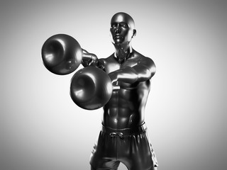 3d rendered medically accurate illustration of a metallic man doing a kettlebell workout
