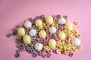 A delicious pile of sweets marshmallows cereal and meringue