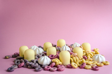 A delicious pile of sweets marshmallows cereal and meringue