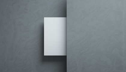 Blank small white banner between grey walls. 3D render.
