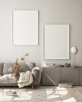 mock up poster frames in modern interior background, living room, Scandinavian style, 3D render, 3D illustration