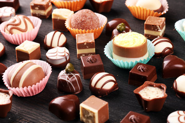 a lot of variety chocolate pralines, belgian confectionery gourmet chocolate.
