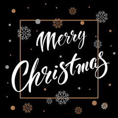 Merry Christmas. Vector text Calligraphic Lettering design card template with snowflakes on black background. Creative typography for Holiday Greeting Gift Poster. Calligraphy Font style Banner.
