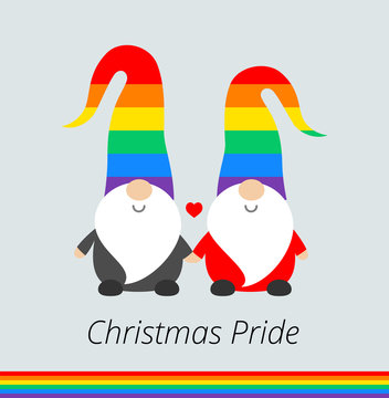 Christmas Pride Celebration Party Funny Greeting Card With Cute Santa Elves Gnomes In Rainbow Hats, And Rainbow Flag. Vector Christmas Pride Illustration