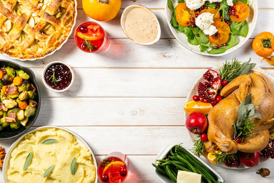 Selection Of Traditional Thanksgiving Food - Turkey, Mashed Patatoes, Green Beans, Apple Pie On Rustic Background, Top View