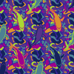 Fototapeta premium Abstract seamless vector underwater pattern for girls, boys, clothes. Creative background with sharks. Funny wallpaper for textile and fabric. Fashion style. Colorful bright