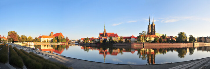 Naklejka premium Wroclaw, Poland, October 2019. Gothic cathedral of St. John the Baptist, Ostrow Tumski, Panorama of Odra river