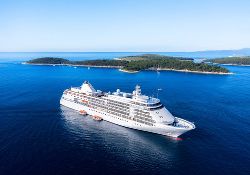 Croatia. Aerial view at the cruise ship at the day time. Adventure and travel.  Landscape with cruise liner on Adriatic sea. Luxury cruise. Travel - image