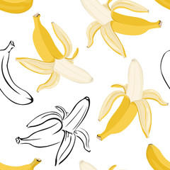 Banana seamless pattern isolated on white background. Vector color illustration of tropical fruit in cartoon flat style and black and white outline.