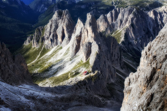 Aerial view of rifugio Fratelli Fonda Savio, Cadini group, Dolomites, Italy. Alberto Bonacossa Trail, Tre Cime Nature Park. Mountainous landscape