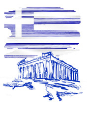Ilustracja przedstawiająca flagę Grecji z przykładowym zabytkiem architektonicznym © Edwardkarczmarski