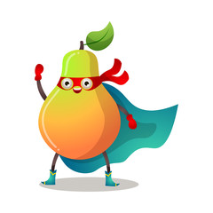 Funny superhero humanized pear in a red mask and blue cloak. Vector illustration isolated on white background