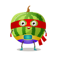 Funny superhero humanized watermelon in a red mask and with a yellow belt. Vector illustration isolated on white background