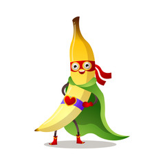 Funny superhero humanized banana in a green cloak and red mask. Vector illustration isolated on white background