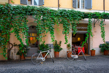 Fototapeta na wymiar Cozy old street in Trastevere in Rome, Italy. Trastevere is rione of Rome, on west bank of Tiber in Rome. Architecture and landmark of Rome