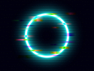 Glitch neon circle with color distortions. Illuminated round element. Futuristic bright ring with geometric shapes. Glitched circle with VHS retro effect. Vector illustration