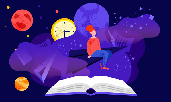 Reading or studying concept with red-headed girl student, sitting and dreaming among stars and planets in the fantasy stylised late night cartoon in dark blue and violet colors over the open book